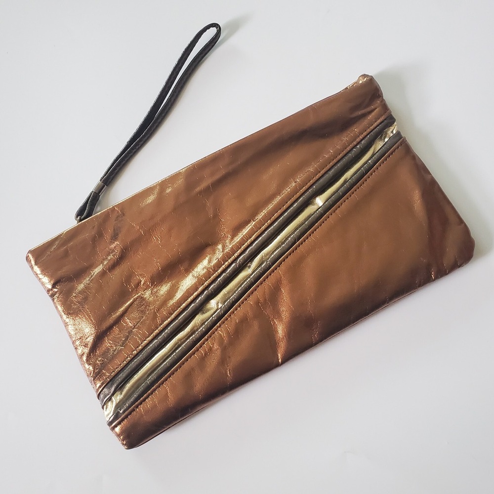 Vintage‎ 70s 80s Bronze Metallic Leather Wristlet Clutch Purse Disco Glam Party